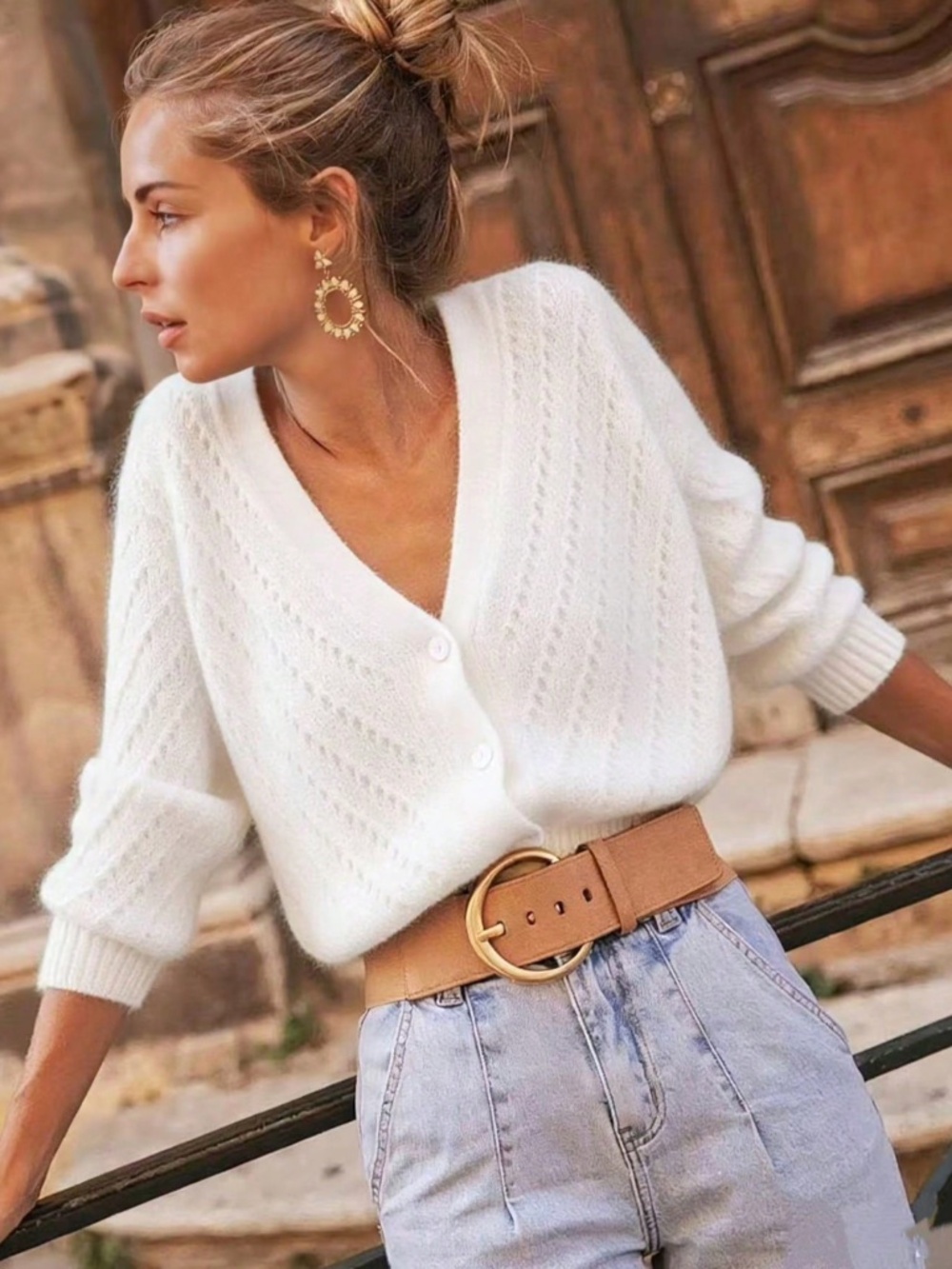 V-Cut Buttoned Down Off White Knit Cardigan Textured, Long Sleeve